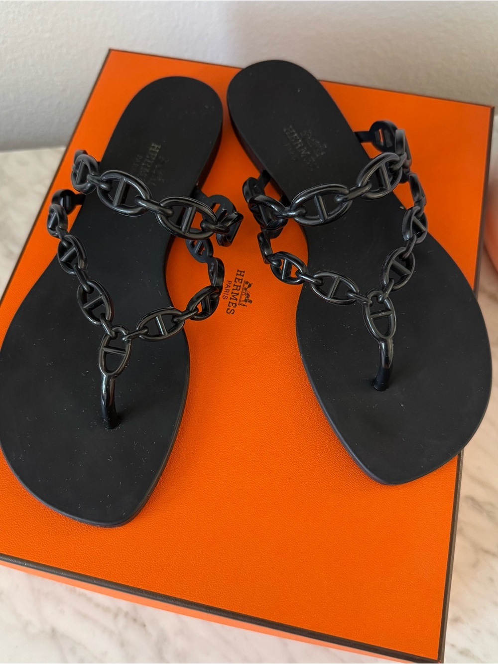 Hermes Island Black Chain-Link Jelly Thong Sandals - Women's